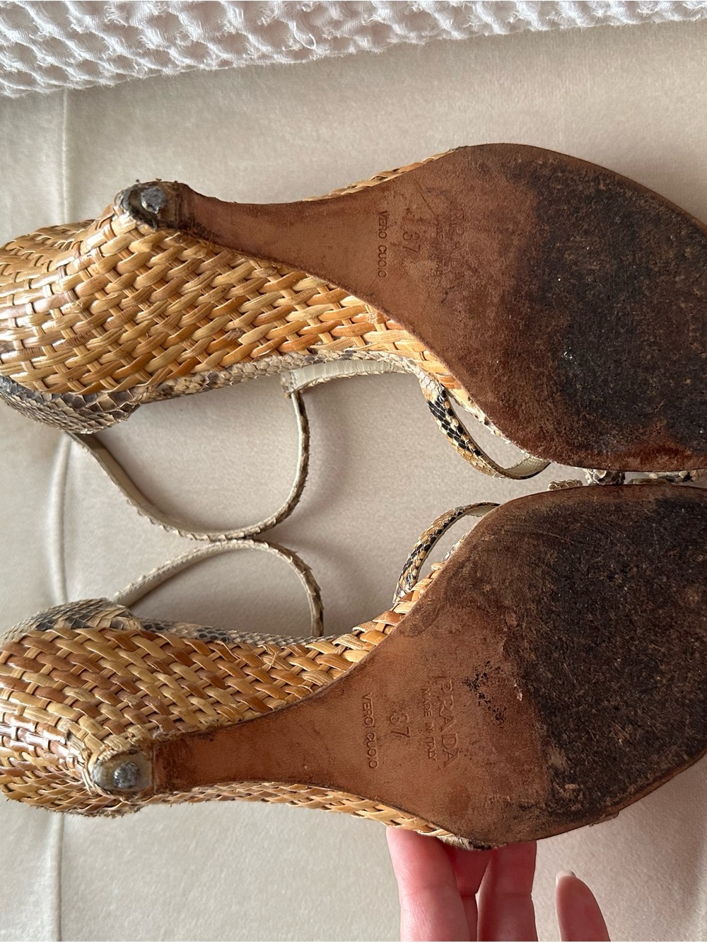 Prada Snake-Print Wedge Sandals in Beige and Brown - Picture 4 of 4